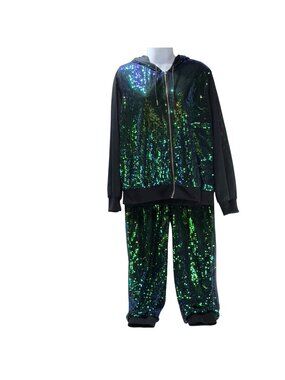 ASHLEY SPORT Womens Jogging Set Green Sequins Hoodie Bomber Jacket Size 14/16